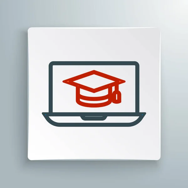 屏幕笔记本电脑图标上的线毕业帽在白色背景上隔离 在线学习或电子学习的概念 五彩缤纷的概念 — 图库矢量图片