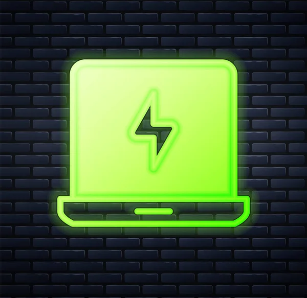 Leuchtende Neon Laptop Symbol Isoliert Auf Backsteinwand Hintergrund Computer Notizbuch — Stockvektor
