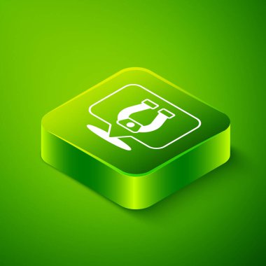 Yeşil arkaplanda izole edilmiş Isometric Horseshoe simgesi. Yeşil kare düğmesi. Vektör.