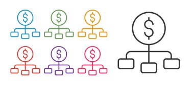 Dolar 'ı finansal hiyerarşi simgesinin üzerine beyaz arka planda izole edilmiş olarak ayarla. Simgeleri renklendirin. Vektör.