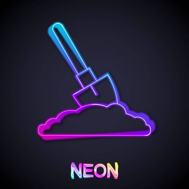 Glowing neon line Shovel in the ground icon isolated on black background. Gardening tool. Tool for horticulture, agriculture, farming. Vector.