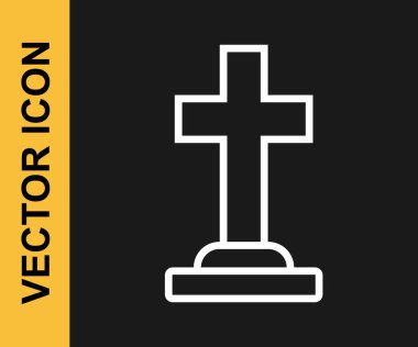 Siyah arka planda çapraz simgesi olan beyaz çizgi Tombstone. Mezar ikonu. Mutlu Cadılar Bayramı Partisi. Vektör.