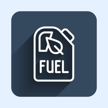 Beyaz çizgi biyo yakıt bidon ikonu uzun gölge arkaplan izole. Çevre biyolojisi ve namlusu. Yeşil çevre ve geri dönüşüm. Mavi kare düğme. Vektör.