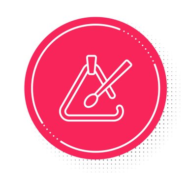 Beyaz çizgi üçgeni müzik aleti simgesi beyaz arkaplanda izole edildi. Kırmızı daire düğmesi. Vektör.