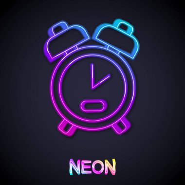 Parlayan neon hattı alarm saati simgesi siyah arkaplanda izole edildi. Uyan, kalk konsepti. Zaman işareti. Vektör.