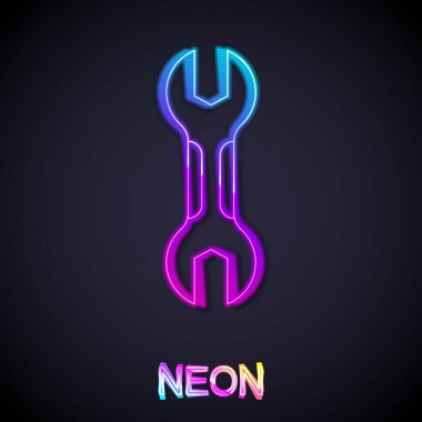Parlayan neon çizgi anahtarı simgesi siyah arkaplanda izole edildi. Anahtar tamir aleti. Servis aracı sembolü. Vektör.