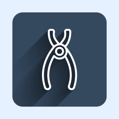 Beyaz çizgi dişçi kerpeten simgesi uzun gölge arkaplanı ile izole edildi. Diş aletleri. Mavi kare düğme. Vektör.