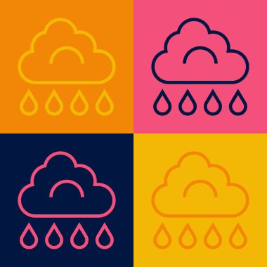 Arkaplanda yağmur ikonu olan pop sanat çizgisi bulutu. Yağmur damlaları ile yağmur bulutu yağışı. Vektör.