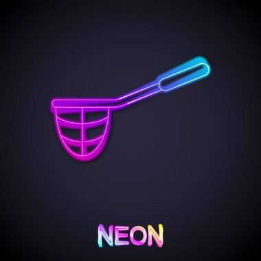 Parlayan neon hattı Balıkçılık ağı simgesi siyah arkaplanda izole edildi. Balık oltası. Vektör.
