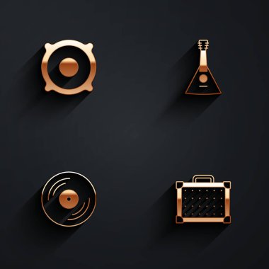 Stereo hoparlörü Balalaika Vinil diski ve Gitar yükseltici simgesini uzun gölgeli ayarla. Vektör.