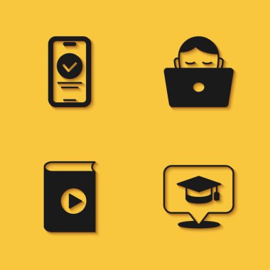 Çevrimiçi Sınav Sınavı Anketi Mezuniyet Konuşma Balonu Ses Kitabı ve uzun gölgeli Öğrenci Laptop simgesini ayarla. Vektör.