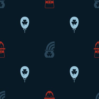 Leprikon altın küpünü gökkuşağı ve balon yonca tırabzan yaprağıyla kusursuz desenlere ayarlayın. Vektör.