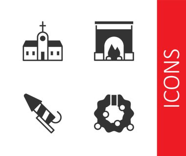 Noel çelengi kilisesine Firework roketi ve şömine ikonu yapın. Vektör.