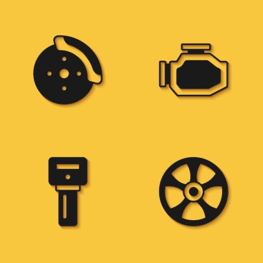 Araba fren diskini araba anahtarı kumandası için Caliper Alloy tekerleği ile ayarla ve uzun gölgeli motor simgesini kontrol et. Vektör.