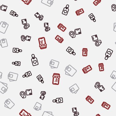 Çizgi kalp etiketi konumunu karton kutu cüzdan ve çevrimiçi alışveriş telefonuyla kusursuz bir şablona ayarla. Vektör.