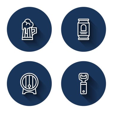 Ahşap bira bardağı, rafta fıçı bira ve uzun gölgeli şişe açacağı. Mavi daire düğmesi. Vektör.