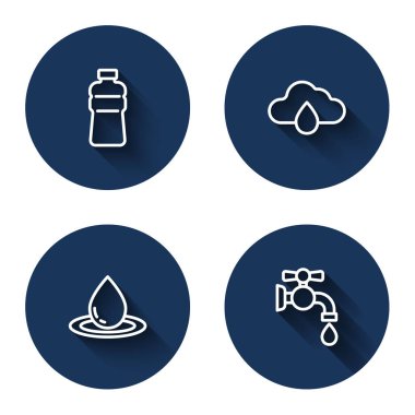 Bir şişe su bulutu, yağmur damlası ve uzun gölgeli musluk. Mavi daire düğmesi. Vektör.
