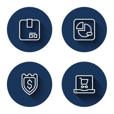 Çizgiyi Carton karton kutu pasta grafiği, dolar ve uzun gölgeli alışveriş arabası ekran laptop ile bilgi kalkanı olarak ayarla. Mavi daire düğmesi. Vektör.