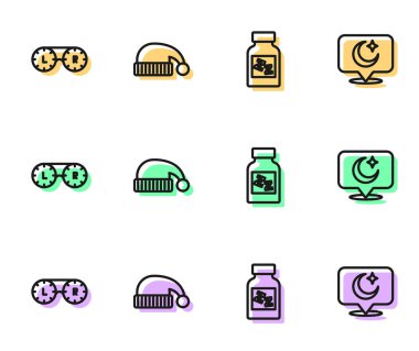 Uyku hapı, kontakt lens, konteynır şapkası, ay ve yıldız simgesi ayarla. Vektör.