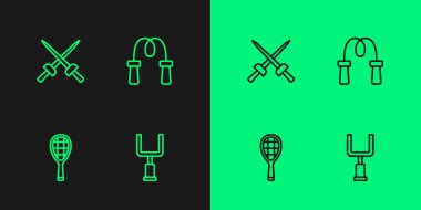 Amerikan futbolu kale çizgisi, tenis raketi eskrimi ve ip atlama ikonu. Vektör.