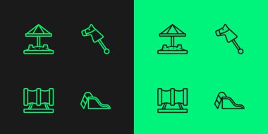 Oyun parkı kaydırağını kum ve oyuncak at ikonuyla ayarla. Vektör.