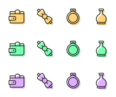 Sihirli taş yüzük cüzdan papyonu ve iksir ikonlu şişe. Vektör.