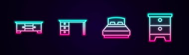 Televizyon masası masası masası masası büyük yatak ve mobilya sehpası. Parlayan neon ikonu. Vektör.