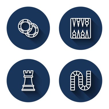 Kumarhane çipleri tavla tahtası satranç ve tahta oyunu uzun gölgeli. Mavi daire düğmesi. Vektör.