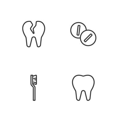 Diş fırçası, kırık diş ve diş ağrısı kesici tablet ikonu. Vektör.