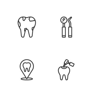 Diş bakımı ve sondaj kliniğinin bulunduğu yeri ayarla. Kırık diş ve ayna sondası simgesi. Vektör.