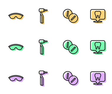 Diş ağrısı için ağrı kesici tablet güvenlik gözlüğü matkabı ve diş sağlığı kliniği konum ikonu ayarla. Vektör.