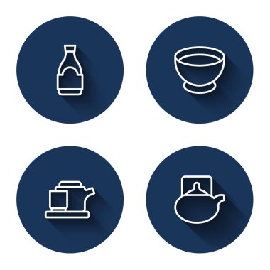 Geleneksel çay seremonisinde uzun gölgeli Soya sosu şişesini hizaya sokun. Mavi daire düğmesi. Vektör.