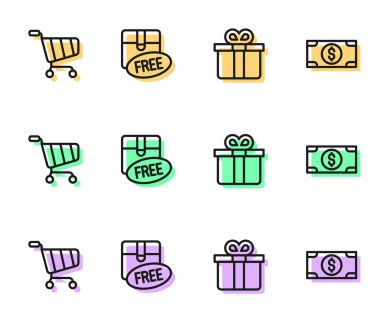 Hediye kutusu alışveriş arabası kartonunu bedava sembol ve kağıt para ikonu ile ayarla. Vektör.