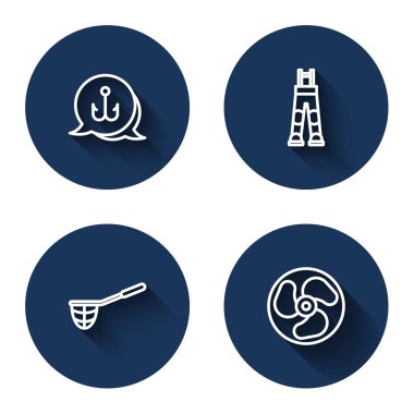 Olta oltası Balıkçı pantolon ağı ve uzun gölgeli dış tekne motoru. Mavi daire düğmesi. Vektör.