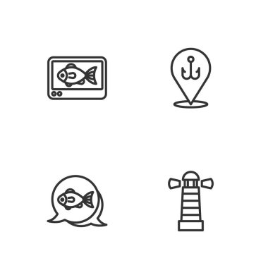 Deniz feneri balık bulucu eko ses ve balıkçı kancası ikonunu ayarla. Vektör.