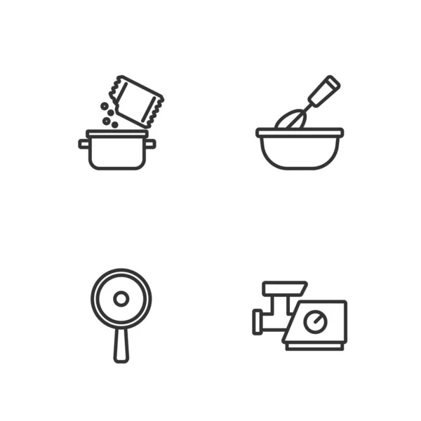 设置直线厨房肉磨机烧锅煮锅 搅拌碗图标 — 图库矢量图片
