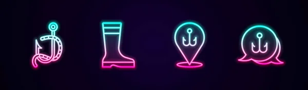 Set Line Fishing Hook Worm Boots Glowing Neon Icon Vector — Stock Vector