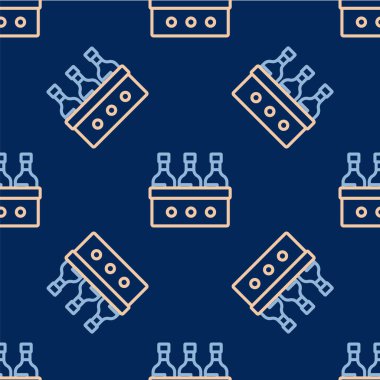 Ahşap kutu ikonunda şarap şişeleri mavi arka planda izole edilmiş kusursuz desen. Tahta bir sandıkta şarap şişeleri. Vektör.