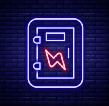 Parlayan neon hattı elektrik panel simgesi tuğla duvar arka planında izole edildi. Renkli taslak konsepti. Vektör.