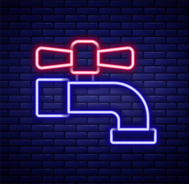 Parlayan neon hattı. Tuğla duvar arkasında su musluğu ikonu izole edildi. Renkli taslak konsepti. Vektör.