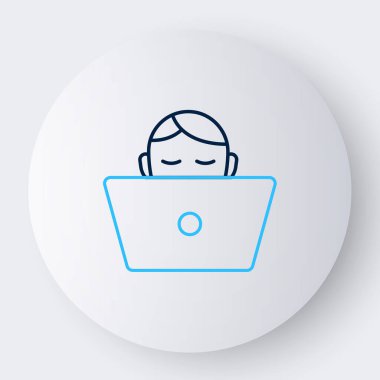 Beyaz arkaplanda serbest çizgi simgesi izole edildi. Evinde dizüstü bilgisayarla çalışan serbest çalışan bir adam. Çevrimiçi iş, uzak iş kavramı. Renkli taslak konsepti. Vektör.