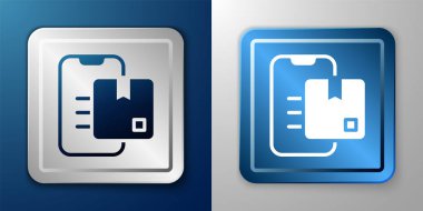 Beyaz Belge izleme sistemi simgesi mavi ve gri arkaplanda izole edildi. Paket takibi. Gümüş ve mavi kare düğme. Vektör.