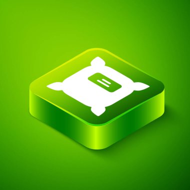 Yeşil arka planda izole edilmiş belirli bir bitki simgesinin tohumlarıyla dolu Isometric paketi. Yeşil kare düğmesi. Vektör.