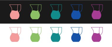 Siyah ve beyaz arkaplanda izole edilmiş su ikonu olan sürahi bardakları ayarlayın. Su için çaydanlık. İçme suyu dolu cam sürahi. Vektör.