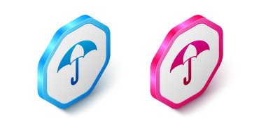 Beyaz arkaplanda Isometric Umbrella simgesi izole edildi. Sigorta konsepti. Su geçirmez ikon. Koruma, güvenlik, güvenlik kavramı. Altıgen düğmesi. Vektör.