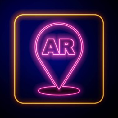 Parlayan neon yükseltilmiş gerçeklik AR simgesi siyah arkaplanda izole edildi. Sanal geleceksel giyilebilir cihazlar. Vektör.