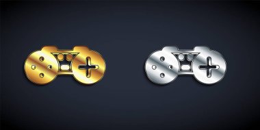 Siyah arkaplanda altın ve gümüş oyun alanı simgesi izole edildi. Oyun kontrolörü. Uzun gölge tarzı. Vektör.