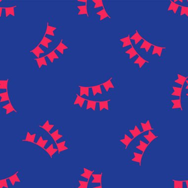 Kırmızı Karnaval çelengi mavi arka planda izole edilmiş bayrak ikonu. Doğum günü kutlaması için parti flamaları, festival dekorasyonu. Vektör.