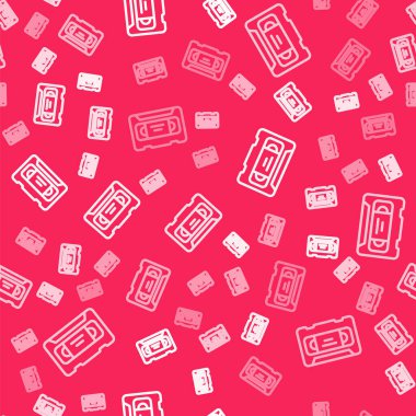 Beyaz çizgi VHS video kaset simgesi kırmızı arkaplanda izole edilmiş. Vektör.
