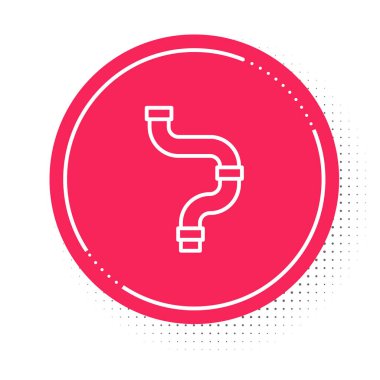 Beyaz çizgi sanayi metalik boru ikonu beyaz arka planda izole edildi. Tesisat boru hattının farklı şekillerde parçaları. Kırmızı daire düğmesi. Vektör.